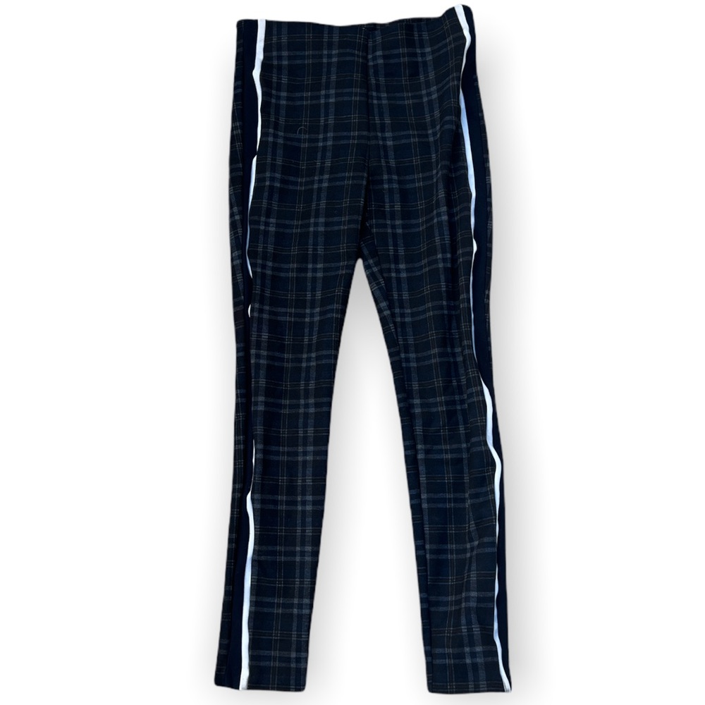 Zara Navy Plaid Trousers with White Side Stripes